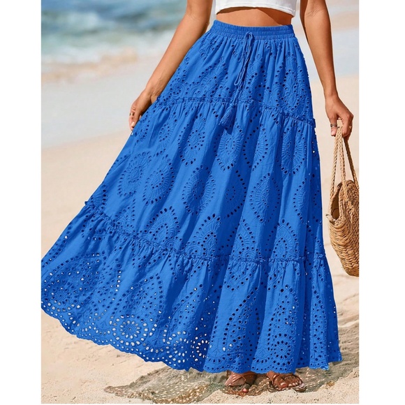 Dresses & Skirts - Boho Royal Blue Eyelet Stretchy waist Lined Maxi Skirt